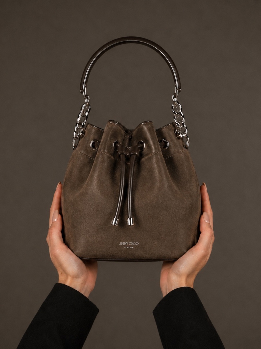 Jimmy Choo Small Bon Bon logo printed bucket bag Suede Brown